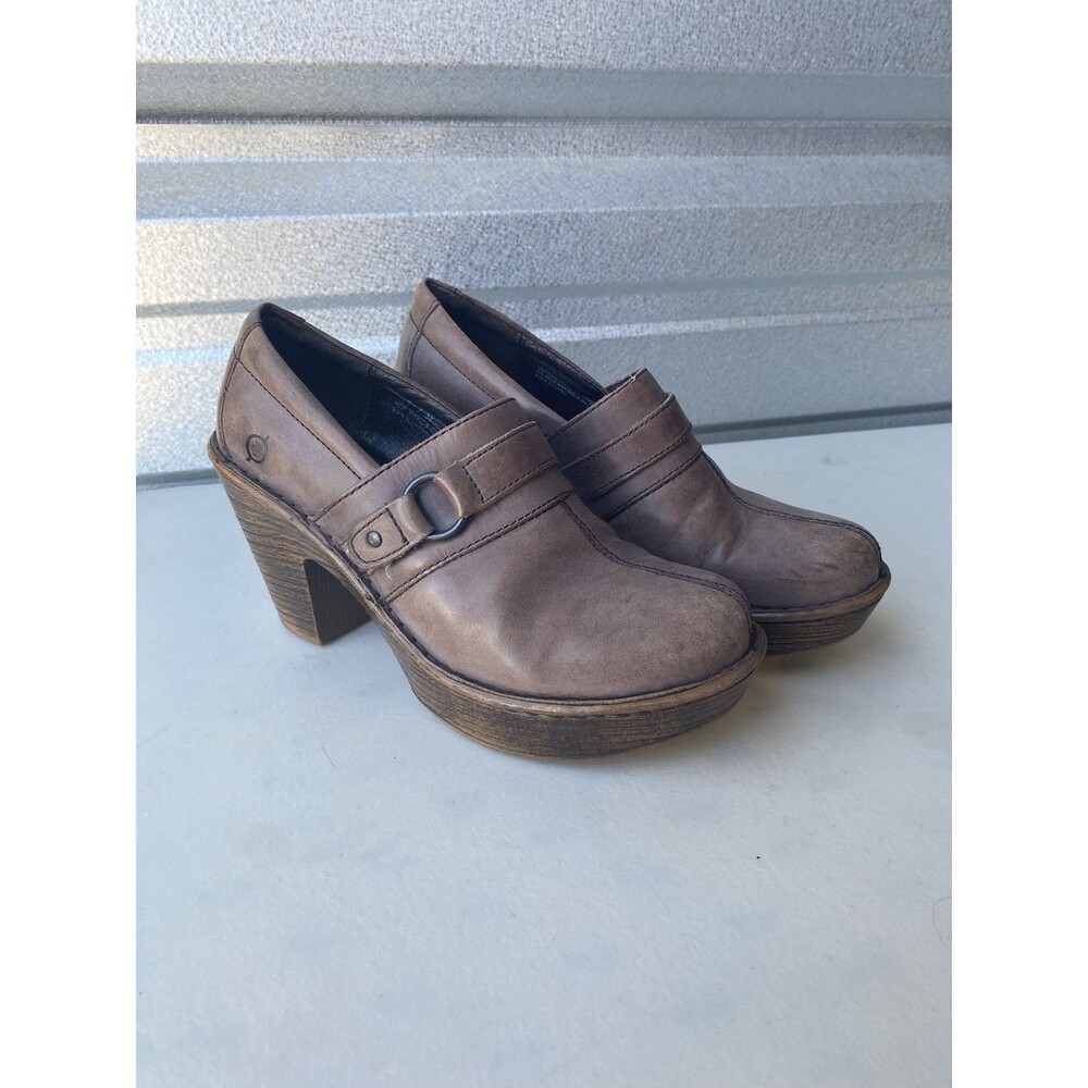Born Women's Brown Leather Clogs Mules Platform Chunky Heels Size 7/38 Slip On